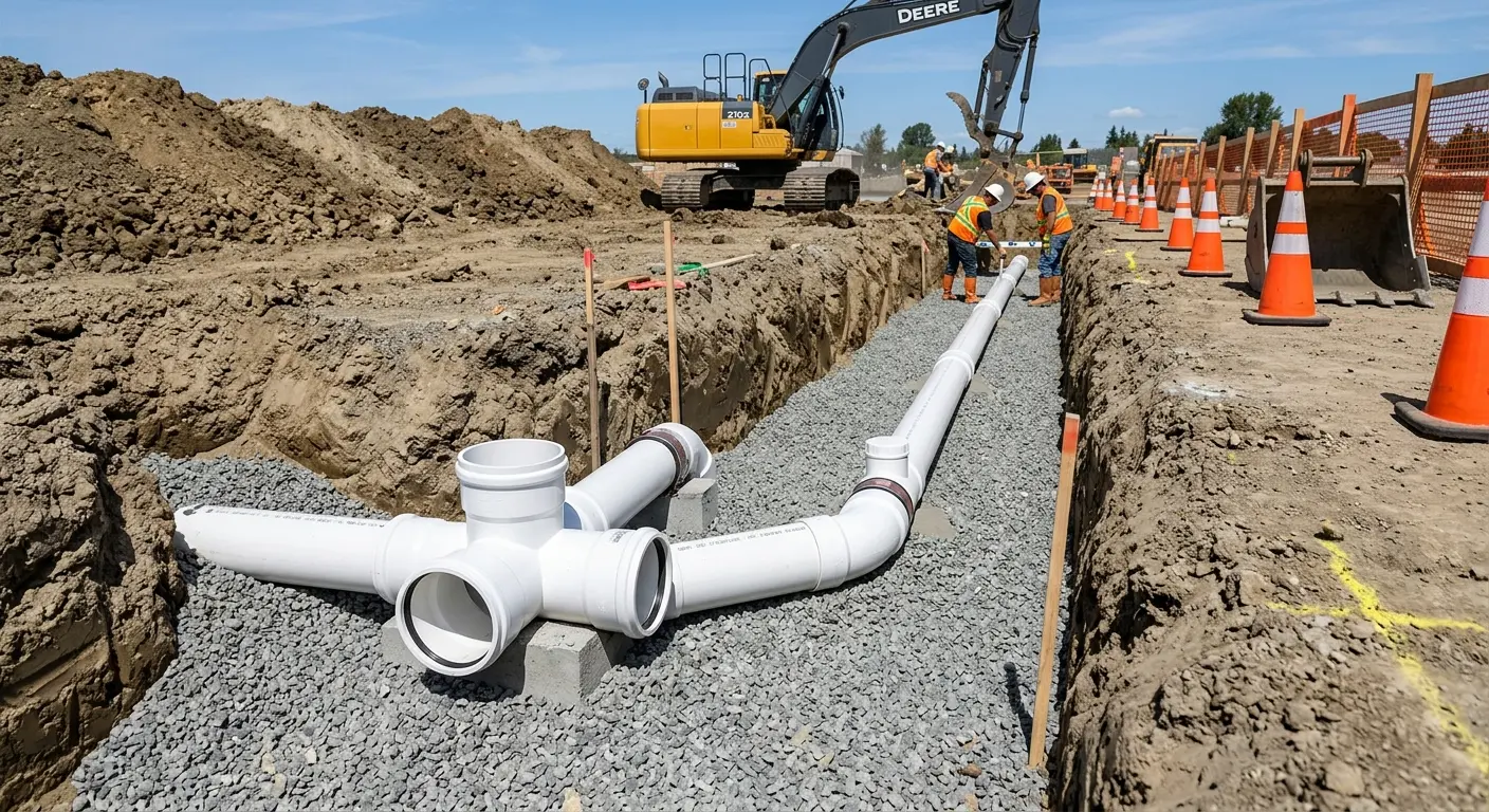 New PVC sewer pipe installation in open trench for Grease Trap Cleaning in Summerlin South