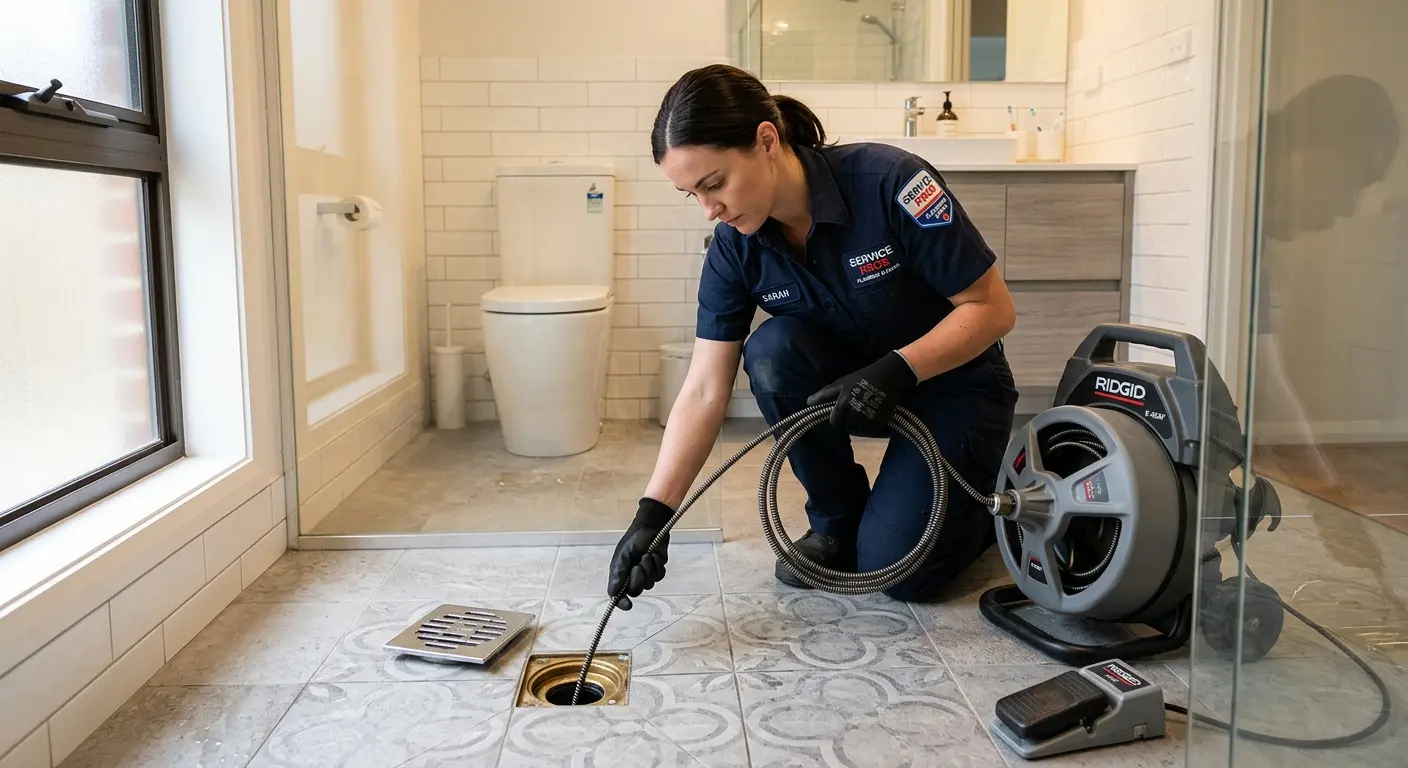 Technician clearing a bathroom floor drain for Drain Cleaning in Summerlin South